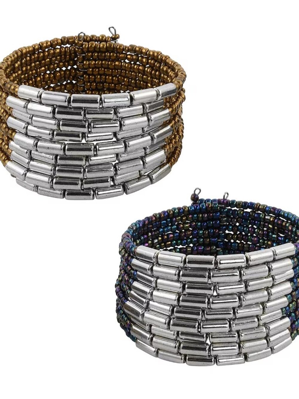 Set of 2 Blue and Golden Seed Beaded Cuff Bracelet (Adjustable) - NEW